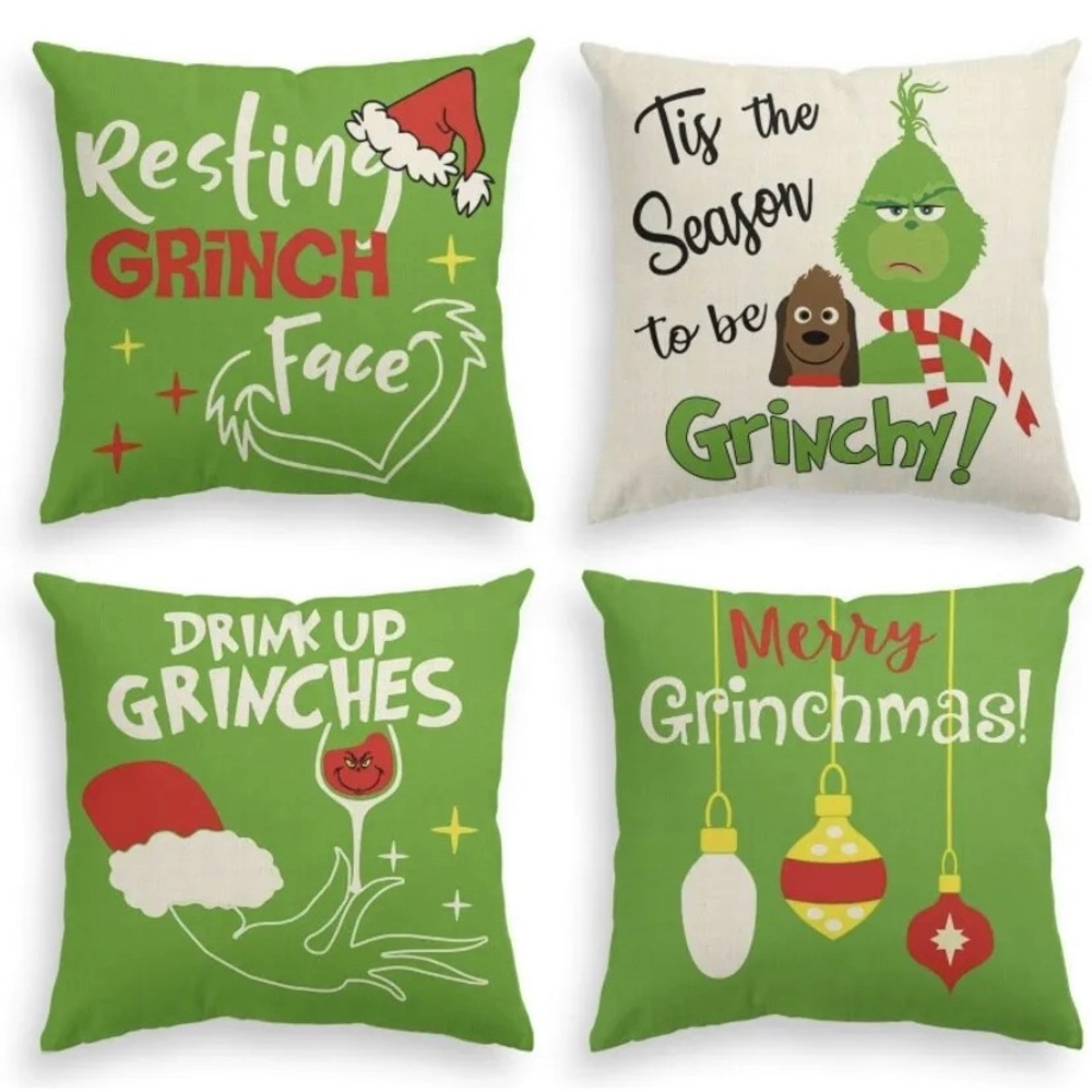 4 Vibrant Christmas Grinch, Linen Pillow Covers 18”x18” Christmas Decor NWOT